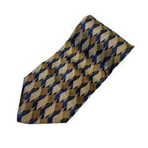 NINO FERRETI Blue & Gold Geometric & Diamond Print Vintage 100% Silk Tie | 57"